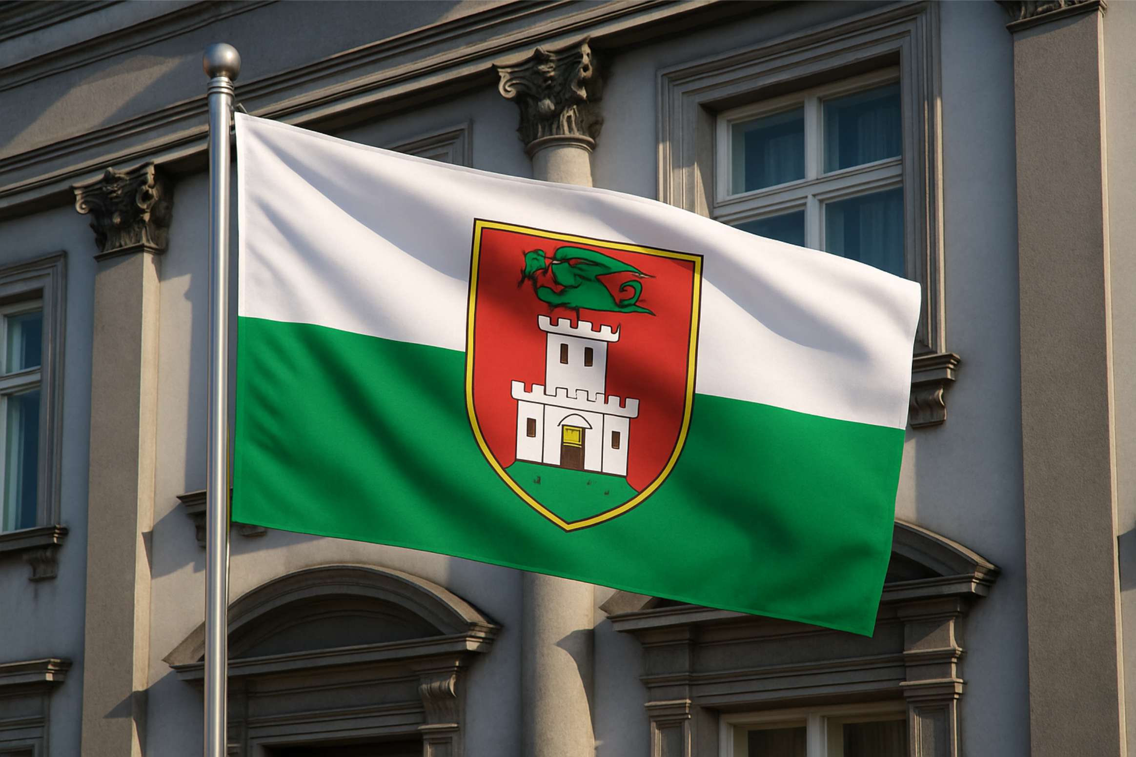 Občinska zastava Ljubljane z zmajem, ki plapola pred mestno stavbo